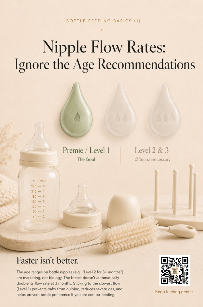 Three teardrop-shaped bottle nipples mounted on a beige wall, labeled Premie / Level 1 (sage green, marked The Goal) and Level 2 & 3 (faded cream, marked Often unnecessary), with a clean glass baby bottle and bottle brush below.