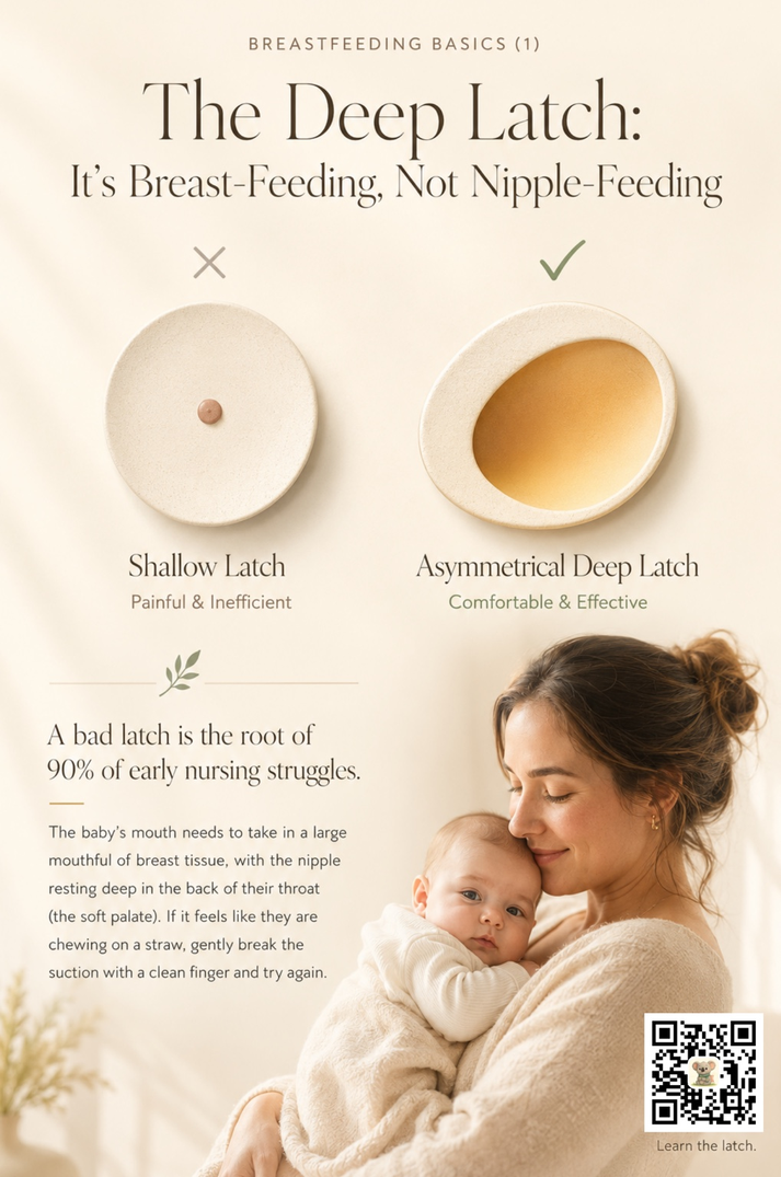 Two ceramic plates side by side: a small flat plate with a tiny button center (shallow latch, painful) versus a deeper oval bowl with a wide opening (asymmetrical deep latch, comfortable).