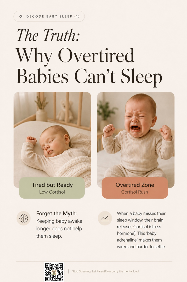 Two side-by-side photos: a calm baby labeled 