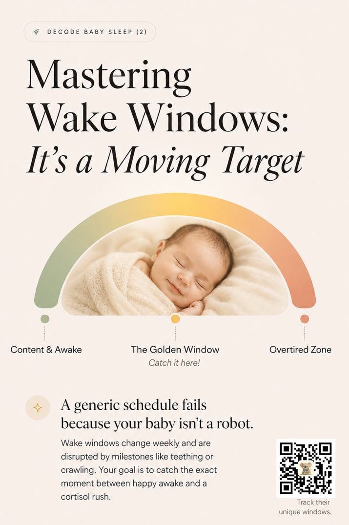 A rainbow arch over a peacefully sleeping baby, with three labeled points: Content & Awake (left), The Golden Window (center), and Overtired Zone (right).
