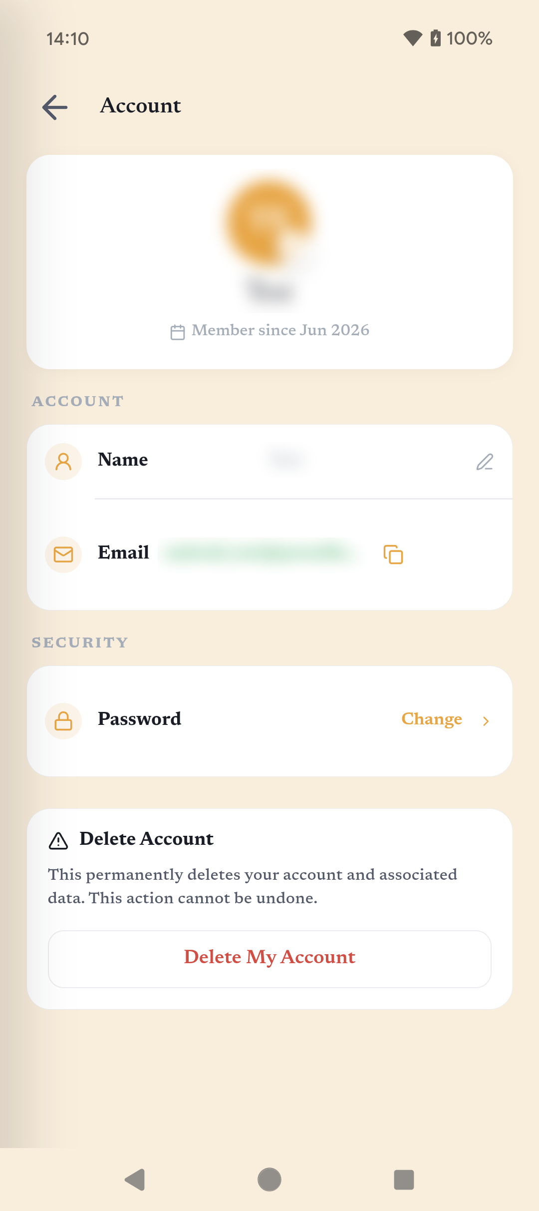 ParentFlow Account screen showing the Delete My Account button