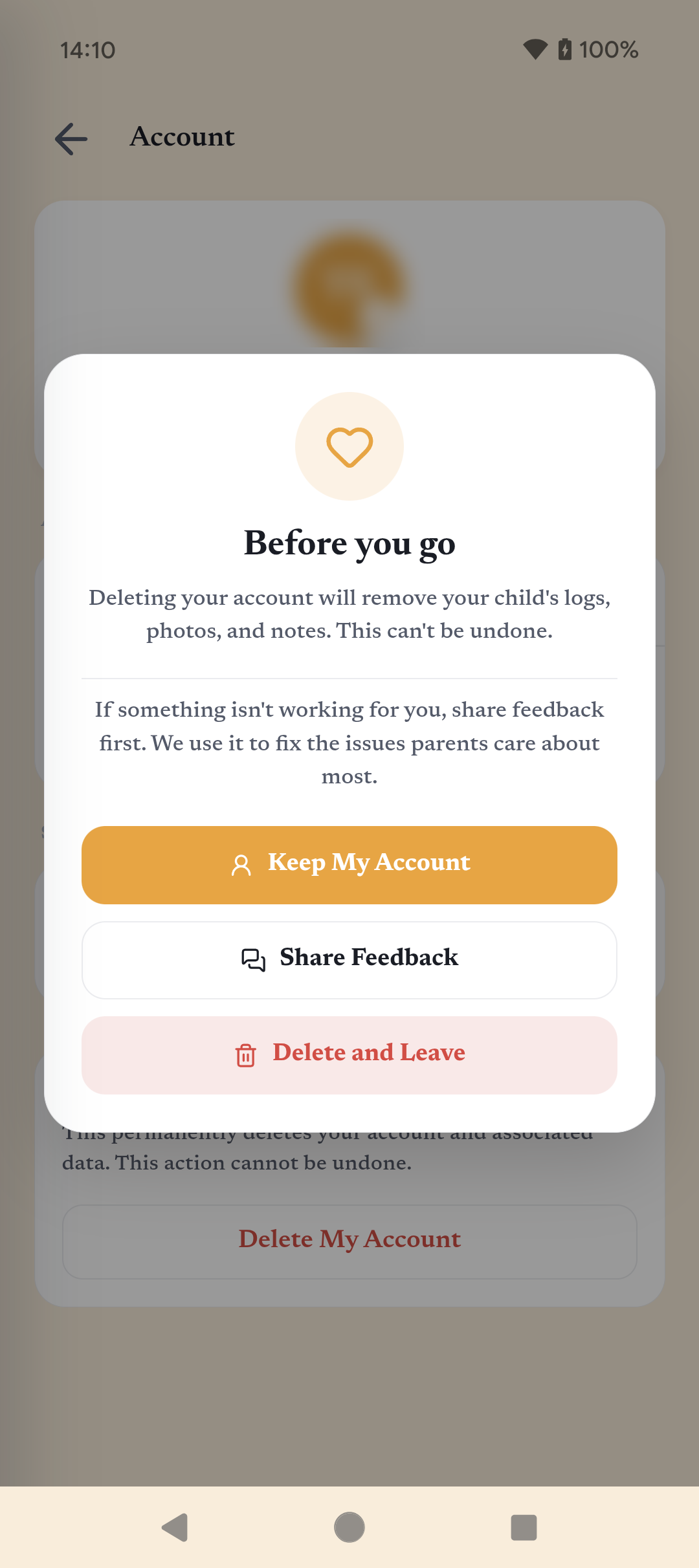ParentFlow confirmation dialog with the Delete and Leave option