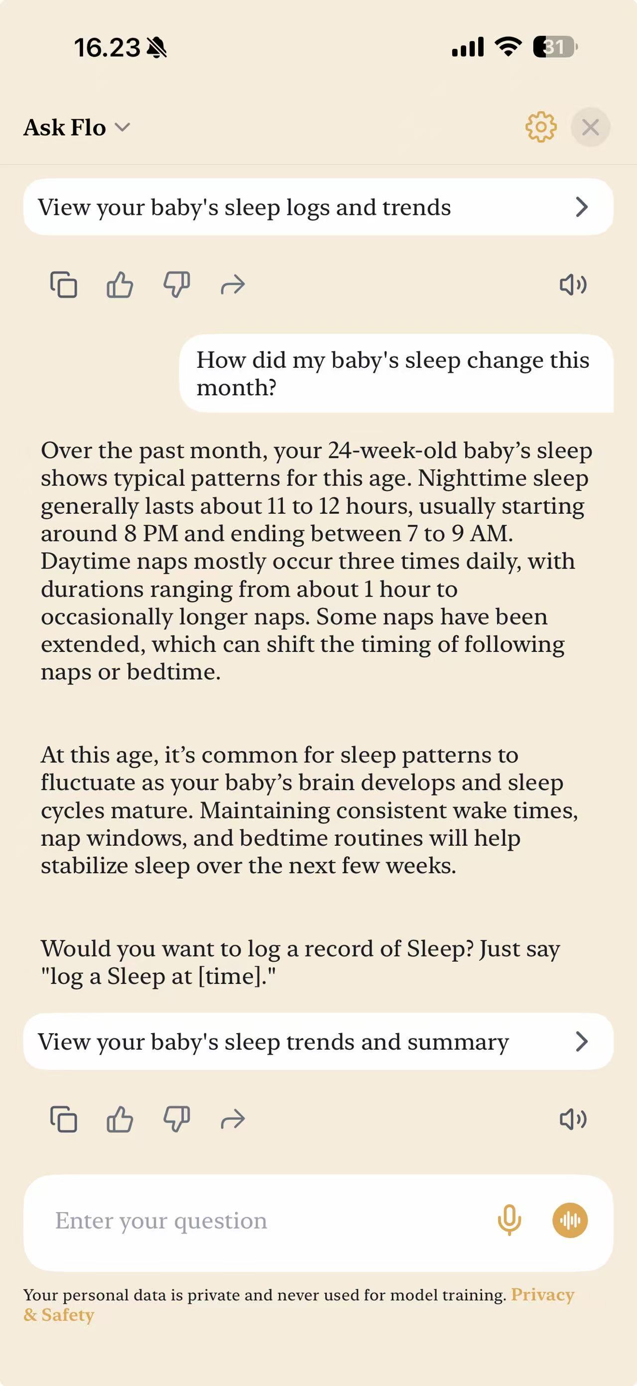 Ask Flo: ask about your baby's sleep, feeds, or fussiness and get an answer read from your own logs