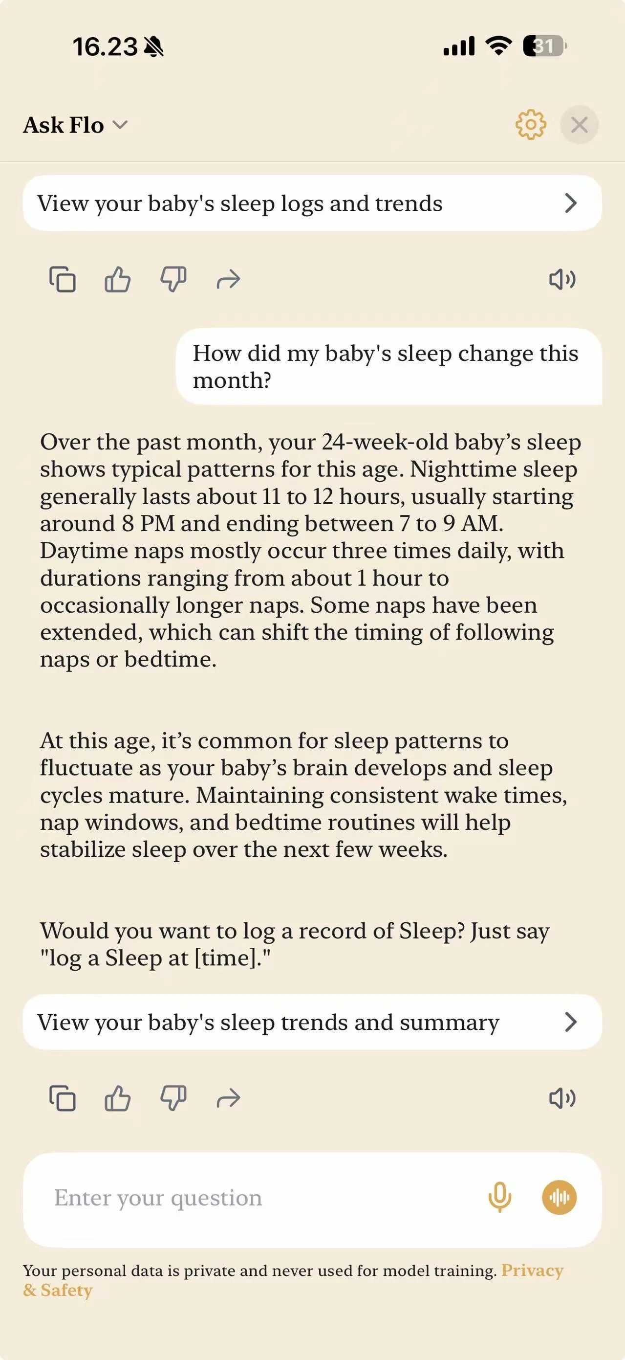 Ask Flo: ask about your baby's sleep, feeds, or fussiness and get an answer read from your own logs