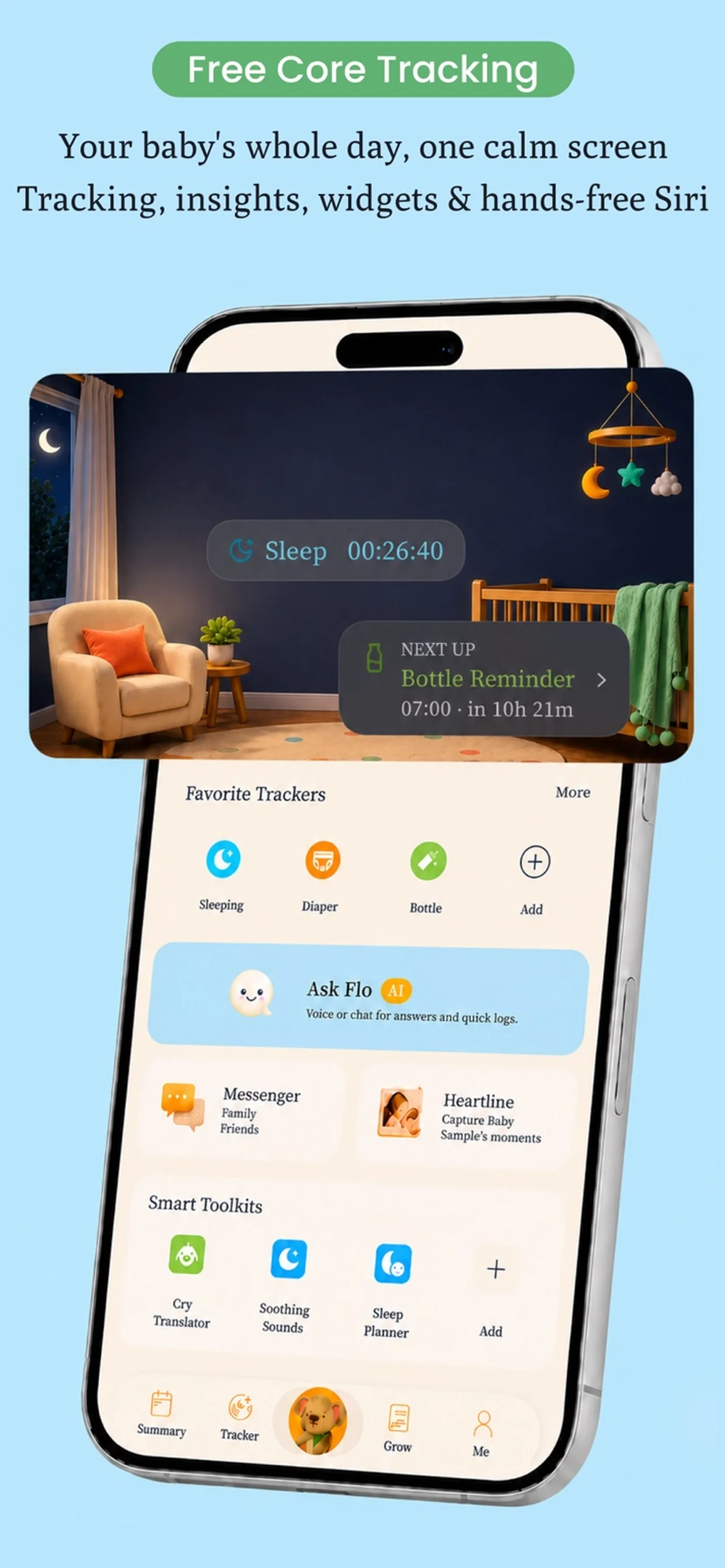 ParentFlow home screen: sleep timer, next-up reminder, favorite trackers, Ask Flo, and free core tracking