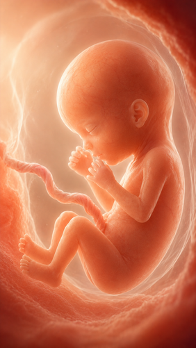 Fetal development illustration at 13 weeks pregnant — the baby is about the size of a peach with the head growing into proportion