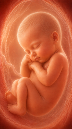 Fetal development illustration at 33 weeks pregnant — the baby is about the size of a pineapple, filling out with fat