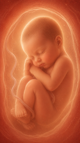 Fetal development illustration at 39 weeks pregnant — the baby is full term, about the size of a small watermelon and head-down