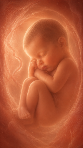 Fetal development illustration at 41 weeks pregnant — the baby is late term, about the size of a small jackfruit and head-down