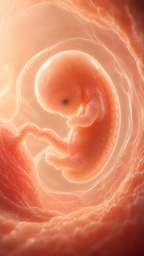 Fetal development illustration at 10 weeks pregnant — the fetus is about the size of a strawberry with a rounder head and separating fingers